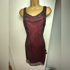 Laurence Kazer New York Black Beaded Red Underlay Flapper Whimsigoth Dress M